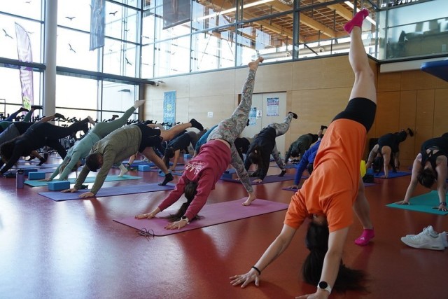 Participants immerse themselves in a yoga class at Fitness Day, Jan. 11, 2025, Tower Barracks, Germany.