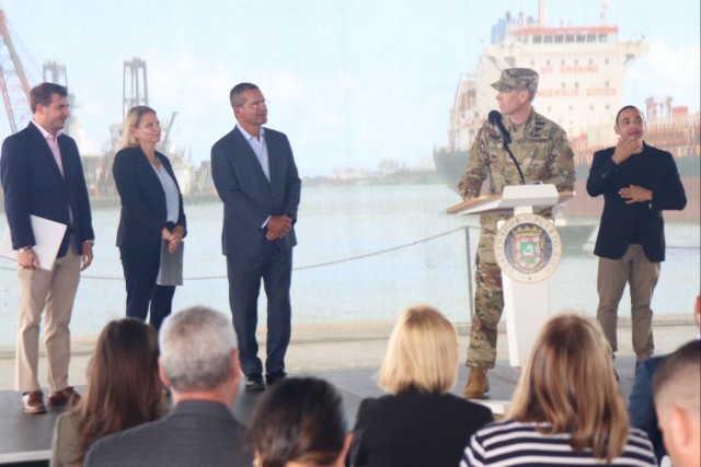 U.S. Army Corps of Engineers (USACE) Task Force Virgin Islands Puerto Rico (TF-VIPR) Commander offers remarks during First Bucket Ceremony