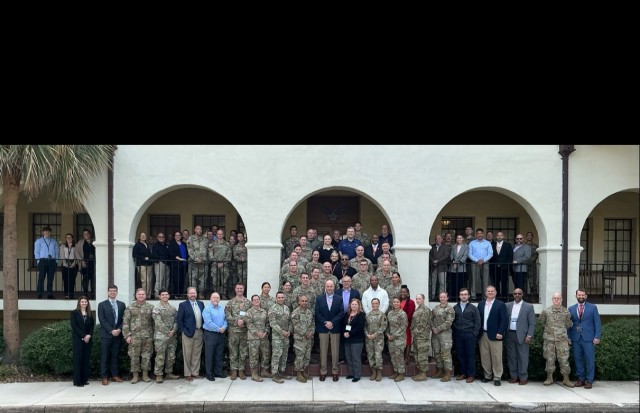 Participants in the inaugural U.S. Army North biological incident tabletop exercise pose for a group photo Dec. 12, 2024, at Joint Base San Antonio-Randolph. Participants in the inaugural U.S. Army No