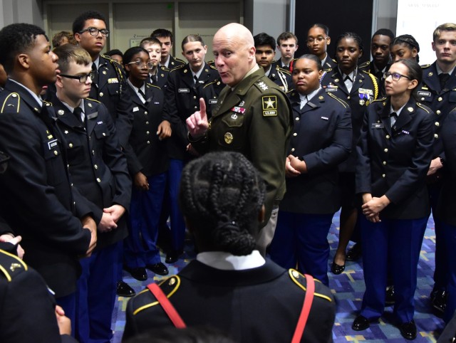 Lt. Gen. John Morrison Jr. speaks to a group of Junior Reserve Officers’ Training Corps (JROTC) students at the Association of the United States Army’s annual meeting (October 2024)