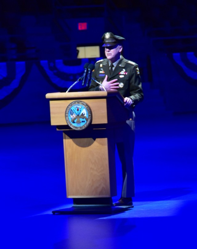 Lt. Gen. John Morrison Jr. speaks at his retirement ceremony on December 19, 2024.