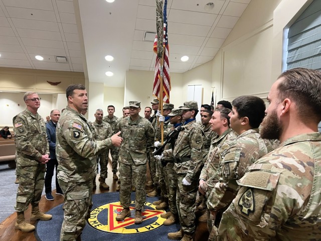 Maj. Gen. Clair A. Gill (second from left), commanding general, Aviation Center of Excellence and Fort Novosel speaks to the Soldiers of the 1st Battalion, 58th Aviation Regiment prior to their deployment to the Horn of Africa at Fort Novosel, 10...