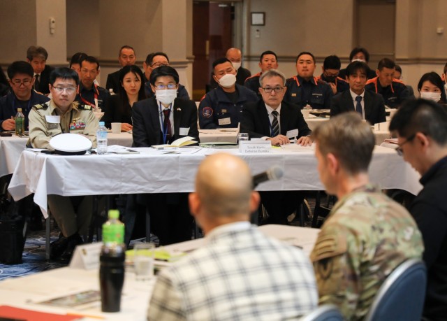 Col. Marcus Hunter, lower right, commander of U.S. Army Garrison Japan, provides remarks during a downed aircraft exercise at Camp Zama, Japan, Jan. 28, 2025. More than 50 representatives from across the garrison, U.S. Army Japan, South Kanto Defense Bureau, and Zama and Sagamihara cities attended the tabletop exercise that demonstrated how they would manage an aircraft mishap near the installation.