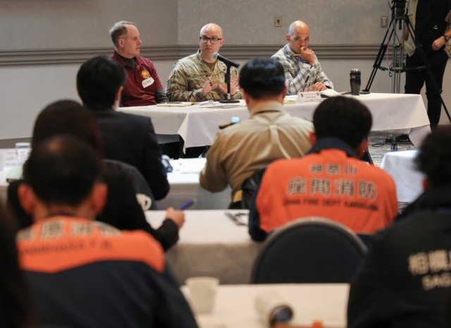 More than 50 representatives from across U.S. Army Garrison Japan, U.S. Army Japan, South Kanto Defense Bureau, and Zama and Sagamihara cities attend a downed aircraft exercise at Camp Zama, Japan, Jan. 28, 2025. The tabletop exercise demonstrated how they would manage an aircraft mishap near the installation.