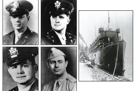 Army Chaplains (1st Lts.) John P. Washington, a Catholic priest; Clark V. Poling, a Dutch Reformed minister; George L. Fox, a Methodist minister; and Alexander D. Goode, a rabbi, were all on board the ship U.S. Army Transport Dorchester, Feb. 3,...