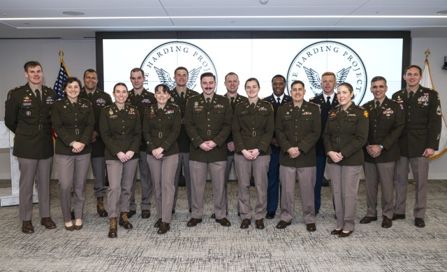 The first group of Harding Fellows pose for a picture following an Association of the United States Army writing workshop in Arlington, Va., Jan. 28, 2025. The event provided practical writing and editing training, increasing the fellows ability to communicate clearly and effectively. 