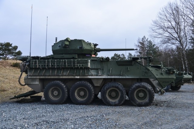 U.S. Soldiers with 4th Squadron, 2nd Cavalry Regiment prepare to conduct a live fire exercise using the
30mm Stryker Infantry Carrier Vehicle-Dragoon at the 7th Army Training Command’s Grafenwoehr T