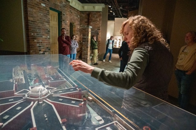 Amanda Webb, U.S. Army Military Police Corps Museum curator, tells teachers about the Federal Correctional Institution in Leavenworth, Kansas during a tour of Fort Leonard Wood’s John B. Mahaffey Museum Complex Jan. 24, as part of the Museums of...