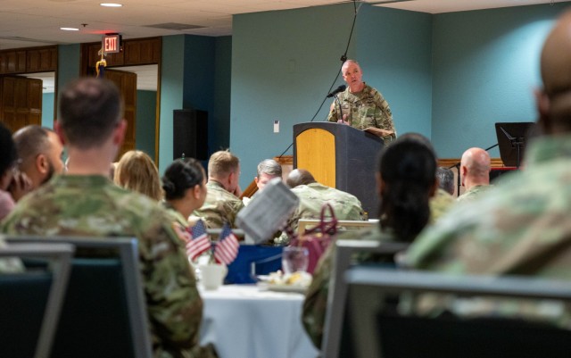 Brig. Gen. Bradley Leonard, MSCoE and Fort Leonard Wood deputy commanding general, speaks about the importance of spiritual readiness at Fort Leonard Wood’s National Prayer Luncheon Feb. 4 in Pershing Community Center.