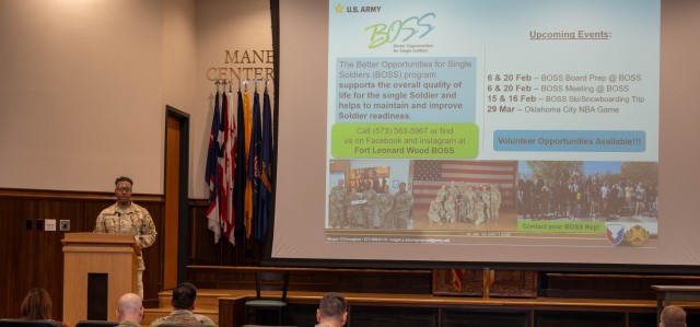 Staff Sgt. Cameron Gansert-Copeland, the vice-president for Fort Leonard Wood’s Better Opportunities for Single Service members program, tells attendees at the Community Information Forum Feb. 5 in Lincoln Hall Auditorium about future events...