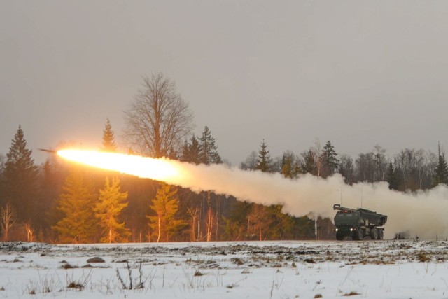 U.S. Army soldiers from Able Battery, 3rd Battalion, 321st Field Artillery Regiment, 18th Field Artillery Brigade, launch rockets from High Mobility Artillery Rocket System (HIMARS) during a semiannual validation required for Multiple Launch Rocket System (MLRS/HIMARS) crewmembers (13M) near Camp Tapa, Jan. 27, 2025.  HIMARS provides a reliable and versatile long-range precision fire capability for combat operations. The 41st Artillery Brigade, V Corps, and NATO Allies play a critical role in reinforcing NATO’s eastern flank and strengthening stability in the European region.