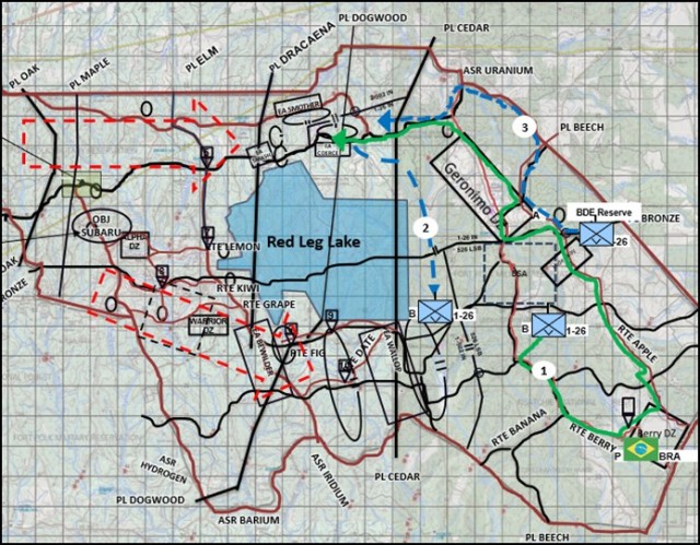 Figure 3 — This graphic depicts B/1-26 IN’s movement of the Brazilian Pioneer Company (Route #1, shown in green), B/1-26 IN’s follow-on movement to its ambush position (#2, shown in blue), and A/1-26 IN’s movement to its ambush position...