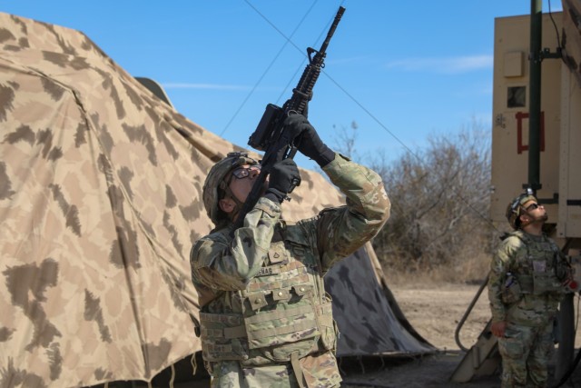 U.S. Army Pfc. Joseph Duenas, assigned to 3d Brigade Engineer Battalion, reacts to a simulated drone attack as part of a field exercise on Fort Cavazos, TX, Jan. 15th, 2025. The simulation of reacting to drone attacks during field exercises is...