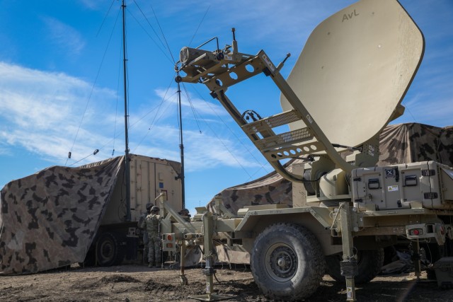 A Satellite Transportable Terminal (STT), with 3d Brigade Engineer Battalion, set up for a field exercise on Fort Cavazos, TX, Jan. 15th, 2025. The STT is a highly transportable and mobile satellite system used by the U.S. Army. It operates in...