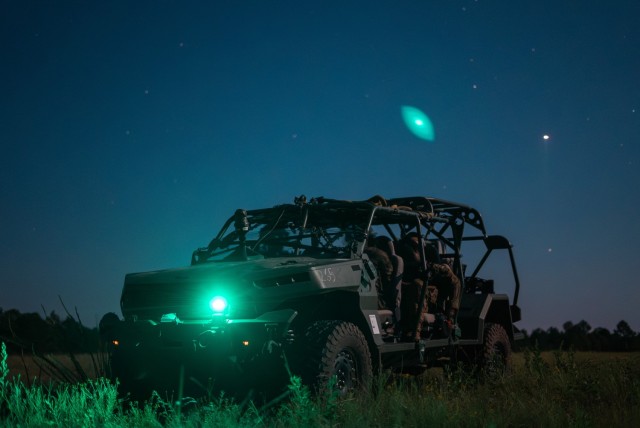 Soldiers from the 2nd Mobile Brigade Combat Team, 101st Airborne Division (Air Assault) start up their Infantry Squad Vehicle (ISV) after it's dropped off via UH-60 Blackhawk at the Joint Regional Training Center (JRTC) at Ft. Johnson, LA as...