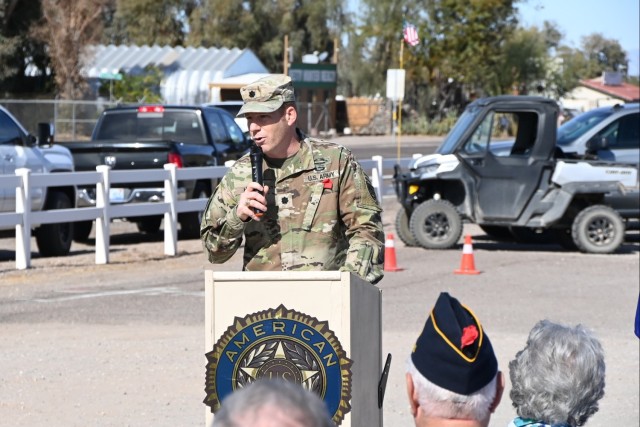 U.S. Army Yuma Test Center Commander Lt. Col. Kevin Hicks keynotes the 29th annual Camp Bouse Days ceremony in Bouse, Ariz. on February 8, 2025.