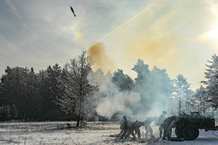 Paratroopers assigned to 1st Squadron, 91st Cavalry Regiment, 173rd Airborne Brigade, fire a 120mm mortar during a live-fire exercise at the 7th Army Training Command&#39;s Grafenwoehr Training Area, Germany, Jan. 22, 2025.

