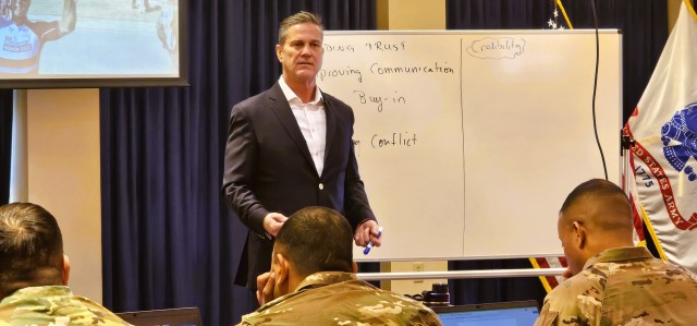 Retired Army Col. Chris Kolenda gives a presentation during a “lunch and learn” event at Fort McCoy, Wis., on Jan. 21, 2025, at McCoy’s Community Center that focused on leadership. The event focused on the topic of leadership at the...