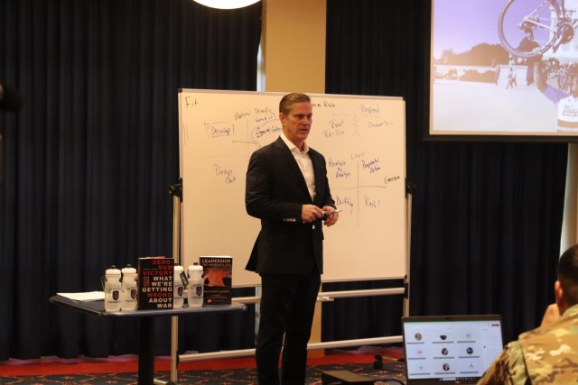 Retired Army Col. Chris Kolenda gives a presentation during a “lunch and learn” event at Fort McCoy, Wis., on Jan. 21, 2025, at McCoy’s Community Center that focused on leadership. The event focused on the topic of leadership at the...