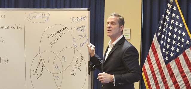 Retired Army Col. Chris Kolenda gives a presentation during a “lunch and learn” event at Fort McCoy, Wis., on Jan. 21, 2025, at McCoy’s Community Center that focused on leadership. The event focused on the topic of leadership at the...