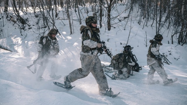 U.S. Army Soldiers with 1st Battalion, 5th Infantry Regiment, move to cover during North Wind 25 in Minami-eniwa, Japan, February 8, 2025. North Wind 25 is a bilateral cold-weather field training exercise designed to enhance combat readiness and...
