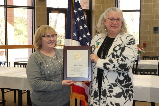 Fort McCoy Logistics Readiness Center (LRC) Director Tanya Morene completes a presentation Jan. 31, 2025, during a retirement ceremony for LRC employee Pamela Severson at Fort McCoy, Wis. Severson retired after serving the Fort McCoy community for...