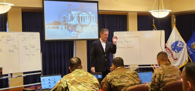 Retired Army Col. Chris Kolenda gives a presentation during a “lunch and learn” event at Fort McCoy, Wis., on Jan. 21, 2025, at McCoy’s Community Center that focused on leadership. The event focused on the topic of leadership at the...