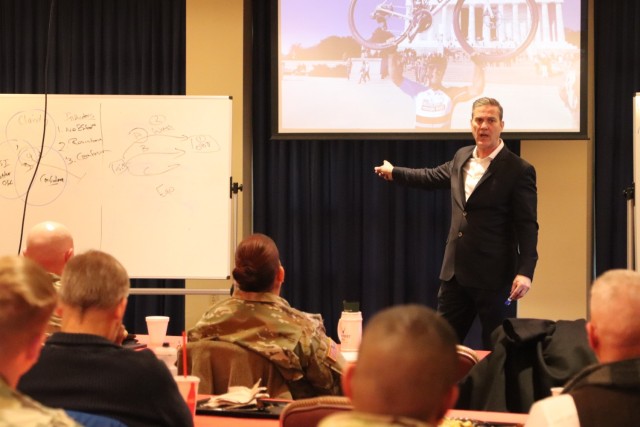 Retired Army Col. Chris Kolenda gives a presentation during a “lunch and learn” event at Fort McCoy, Wis., on Jan. 21, 2025, at McCoy’s Community Center that focused on leadership. The event focused on the topic of leadership at the...