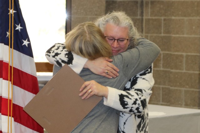 Fort McCoy Logistics Readiness Center (LRC) Director Tanya Morene completes a presentation Jan. 31, 2025, during a retirement ceremony for LRC employee Pamela Severson at Fort McCoy, Wis. Severson retired after serving the Fort McCoy community for...