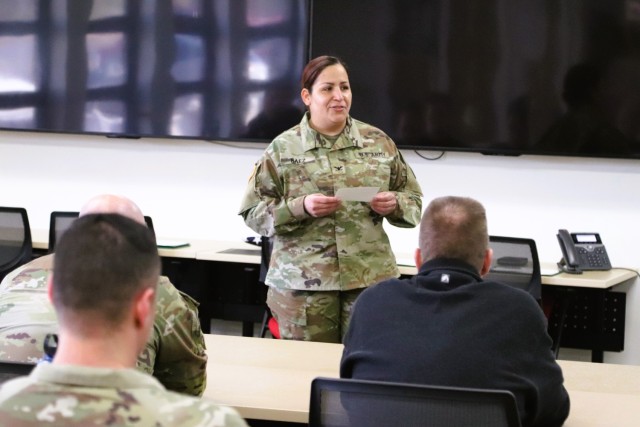 Fort McCoy Garrison Commander Col. Sheyla Baez-Ramirez speaks during a retirement ceremony for Fort McCoy Fire Chief Timothy Jorgenson on Jan. 29, 2025, at Fire Station 1 at Fort McCoy, Wis. Jorgenson retired with 32 years of service and all his...