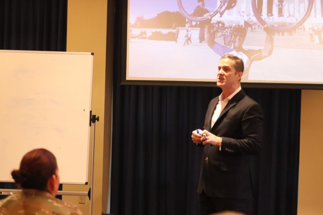 Retired Army Col. Chris Kolenda gives a presentation during a “lunch and learn” event at Fort McCoy, Wis., on Jan. 21, 2025, at McCoy’s Community Center that focused on leadership. The event focused on the topic of leadership at the...