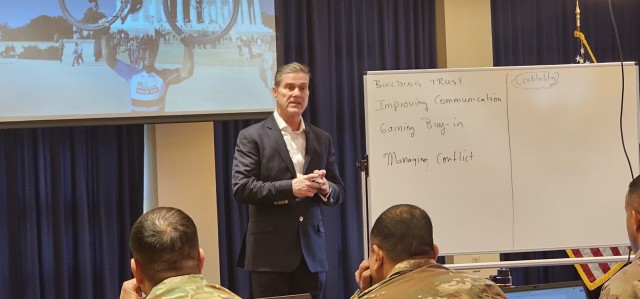 Retired Army Col. Chris Kolenda gives a presentation during a “lunch and learn” event at Fort McCoy, Wis., on Jan. 21, 2025, at McCoy’s Community Center that focused on leadership. The event focused on the topic of leadership at the...