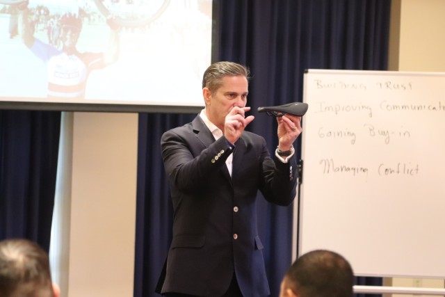 Retired Army Col. Chris Kolenda gives a presentation during a “lunch and learn” event at Fort McCoy, Wis., on Jan. 21, 2025, at McCoy’s Community Center that focused on leadership. The event focused on the topic of leadership at the...
