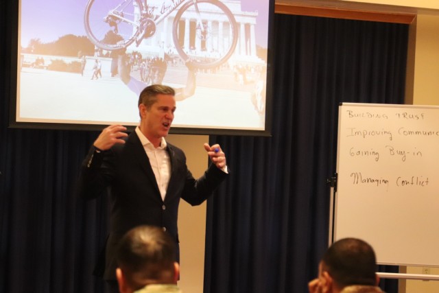 Retired Army Col. Chris Kolenda gives a presentation during a “lunch and learn” event at Fort McCoy, Wis., on Jan. 21, 2025, at McCoy’s Community Center that focused on leadership. The event focused on the topic of leadership at the...