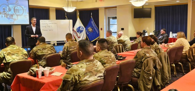 Retired Army Col. Chris Kolenda gives a presentation during a “lunch and learn” event at Fort McCoy, Wis., on Jan. 21, 2025, at McCoy’s Community Center that focused on leadership. The event focused on the topic of leadership at the...
