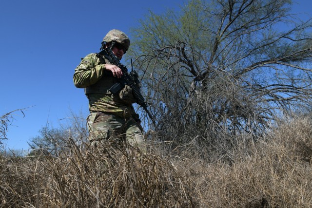 Spc. Marc Lopez, with the Texas Army National Guard, checks for migrant activity and evidence of illegal border crossings in a wooded area along the southern border near McAllen, Texas, as part of the Texas Tactical Border Force, Feb. 03, 2025. The TTBF is comprised of Texas National Guard members in a state active-duty status who work with state and federal law enforcement officials, including U.S. Border Patrol, with a continuing mission to deter, detect, and stop illegal border crossings and to interdict transnational criminals. 