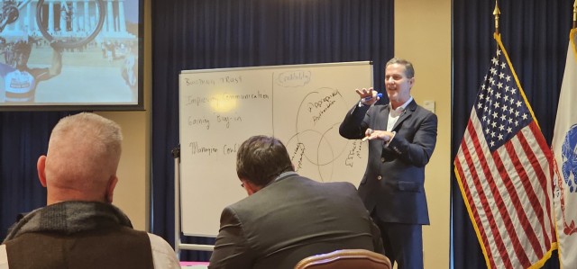Retired Army Col. Chris Kolenda gives a presentation during a “lunch and learn” event at Fort McCoy, Wis., on Jan. 21, 2025, at McCoy’s Community Center that focused on leadership. The event focused on the topic of leadership at the...
