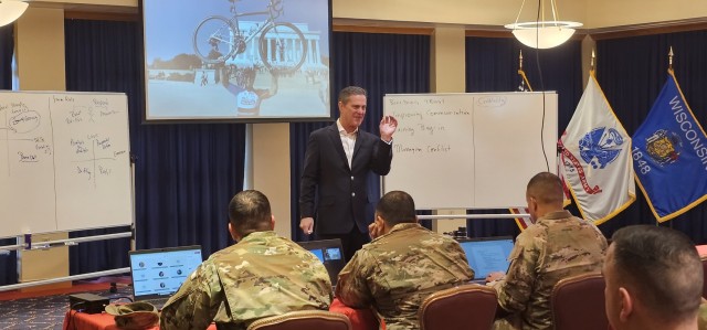 Retired Army Col. Chris Kolenda gives a presentation during a “lunch and learn” event at Fort McCoy, Wis., on Jan. 21, 2025, at McCoy’s Community Center that focused on leadership. The event focused on the topic of leadership at the...