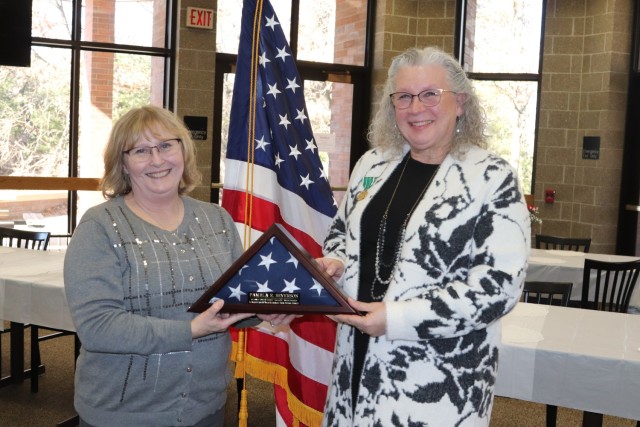Fort McCoy Logistics Readiness Center (LRC) Director Tanya Morene completes a presentation Jan. 31, 2025, during a retirement ceremony for LRC employee Pamela Severson at Fort McCoy, Wis. Severson retired after serving the Fort McCoy community for...