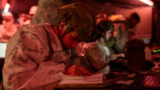 U.S. Army 2nd Lt. Preston Elsom, a current operations officer from Headquarters and Headquarters Company, 1st Battalion, 5th Infantry Regiment, records critical mission information during North Wind 25 in Hokudai-En, Japan, February 7, 2025. North...