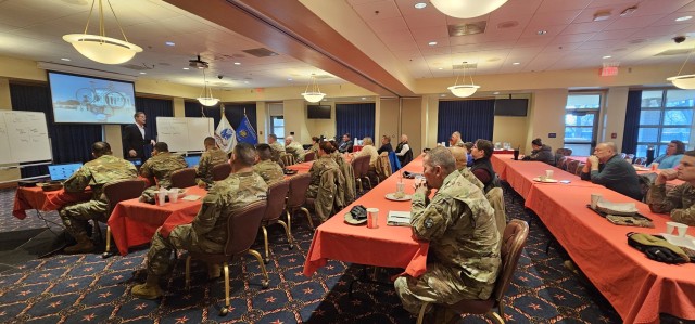 Retired Army Col. Chris Kolenda gives a presentation during a “lunch and learn” event at Fort McCoy, Wis., on Jan. 21, 2025, at McCoy’s Community Center that focused on leadership. The event focused on the topic of leadership at the...