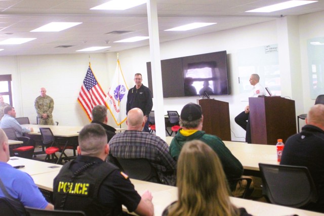 Retired Fort McCoy Fire Chief Timothy Jorgenson speaks to Fort McCoy community members Jan. 29, 2025, at Fire Station 1 during his retirement ceremony at Fort McCoy, Wis. Jorgenson retired with 32 years of service and all his years of service were...