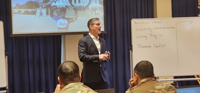 Retired Army Col. Chris Kolenda gives a presentation during a “lunch and learn” event at Fort McCoy, Wis., on Jan. 21, 2025, at McCoy’s Community Center that focused on leadership. The event focused on the topic of leadership at the...