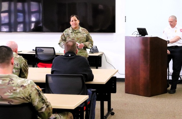 Fort McCoy Garrison Commander Col. Sheyla Baez-Ramirez speaks during a retirement ceremony for Fort McCoy Fire Chief Timothy Jorgenson on Jan. 29, 2025, at Fire Station 1 at Fort McCoy, Wis. Jorgenson retired with 32 years of service and all his...