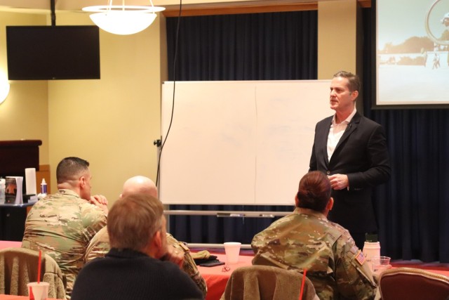 Retired Army Col. Chris Kolenda gives a presentation during a “lunch and learn” event at Fort McCoy, Wis., on Jan. 21, 2025, at McCoy’s Community Center that focused on leadership. The event focused on the topic of leadership at the...