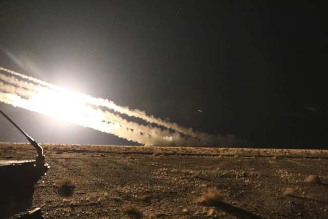 U.S. Army Soldiers assigned to 2nd Battalion, 4th Field Artillery Battalion, 75th Field Artillery Brigade supporting 1st Infantry Division launch multiple launch rocket systems during Rotation 25-03 at the National Training Center, Fort Irwin,...