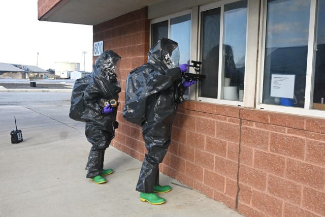 Members of the Pennsylvania National Guard’s 3rd Weapons of Mass Destruction Civil Support Team inspect the outside of a suspected drug lab during a training exercise Feb. 7, 2025, at the Lancaster County Public Safety Training Center in Landisville, Pa.
(Pennsylvania National Guard photo by Brad Rhen)