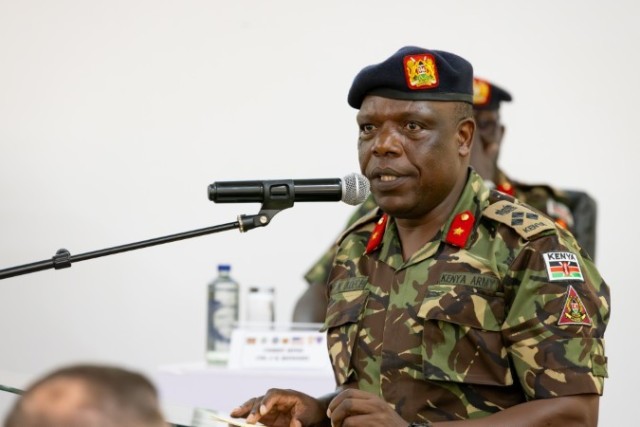 Kenya Defence Forces Brigadier Paul Koech, chief of training at Kenya Defence Headquarters, delivers remarks during the opening ceremony of exercise Justified Accord 2025 (JA25) at the Humanitarian Peace Support School (HPSS) in Nairobi, Kenya,...