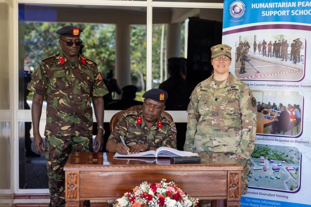 Kenya Defence Forces (KDF) Brigadier Gen. Paul Koech, chief of training at Kenya Defence Headquarters, formally opens exercise Justified Accord 2025 (JA25) by signing a proclamation at the Humanitarian Peace Support School (HPSS) in Nairobi,...