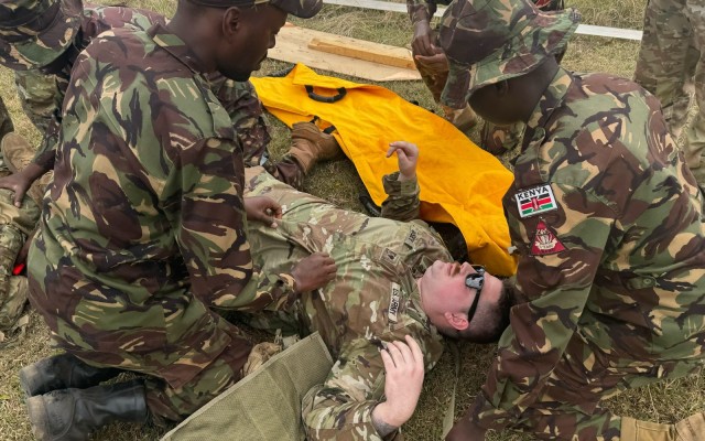 Kenya Defence Force (KDF) medics joined the medics with 8th Medical Brigade and 1st Battalion 182nd Infantry Regiment, Massachusetts National Guard, to conduct a casualty evacuation rehearsal during exercise Justified Accord 2025 (JA25) at the...